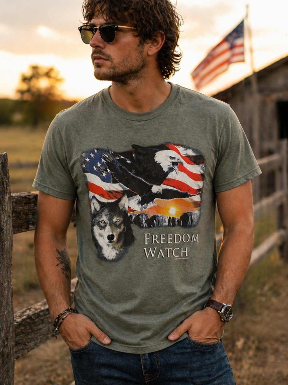 5 ST*R‎ Olive Freedom Watch Eagle Wolf Graphic Tee Men Small